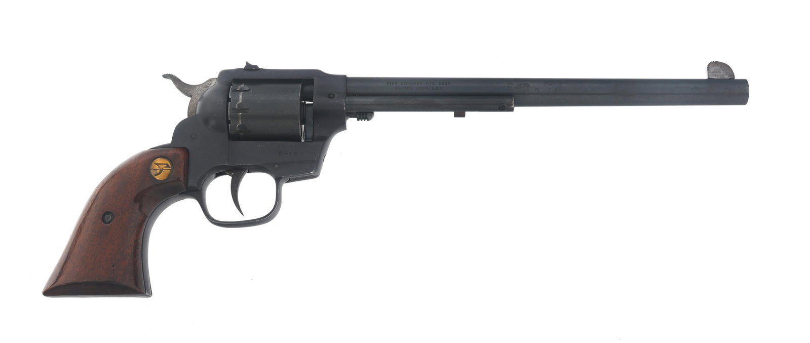 HIGH STANDARD DOUBLE NINE .22 CALIBER REVOLVER: HIGH STANDARD DOUBLE NINE .22 CALIBER REVOLVER High Standard Model Double Nine .22 caliber double action revolver. Blued finish. Front blade sight. Rear fixed open sight. Nine shot smooth cylinder. Wo