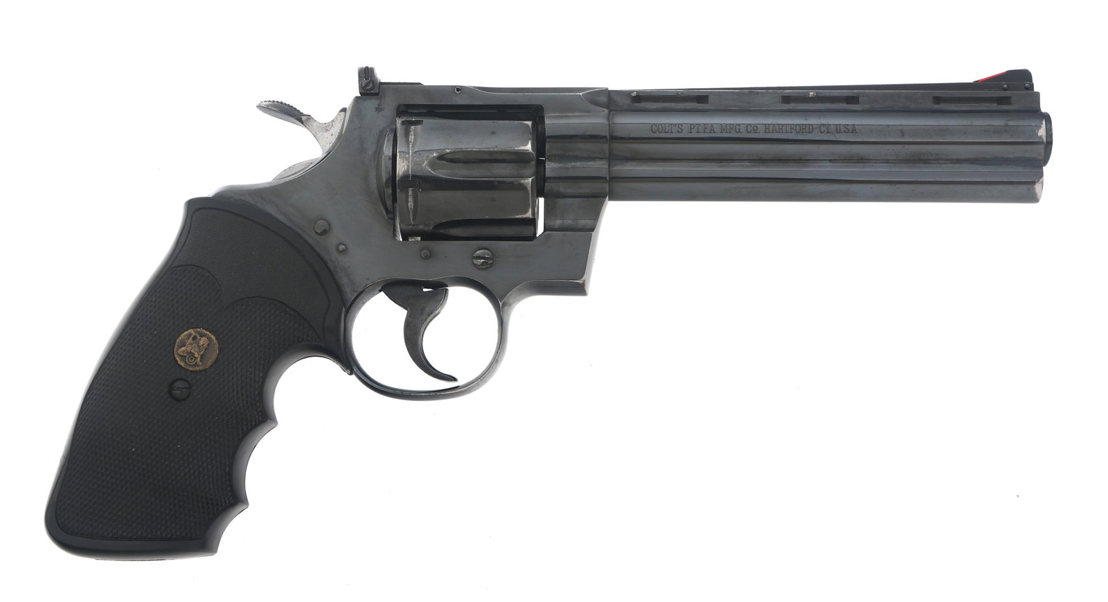 1963 COLT MODEL PYTHON 357 MAG CALIBER DA REVOLVER: 1963 COLT MODEL PYTHON 357 MAG CALIBER DA REVOLVER 1963 Colt Model Python .357 MAG caliber double action revolver. Blued finish. Checkered Pachmayr grips. Adjustable rear sight. Ramp front sight with 