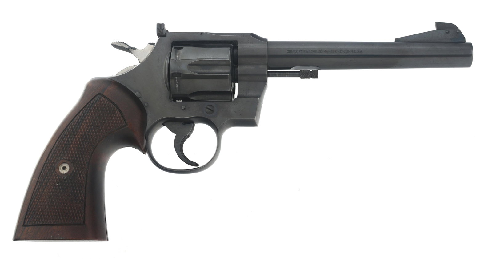 COLT OFFICERS MODEL MATCH .38 SPCL CAL DA REVOLVER: COLT OFFICERS MODEL MATCH .38 SPCL CAL DA REVOLVER Colt Officers Model Match .38 Special caliber double action revolver. Blued finish. Checkered wood target grips with thumb rest. Adjustable rear sigh
