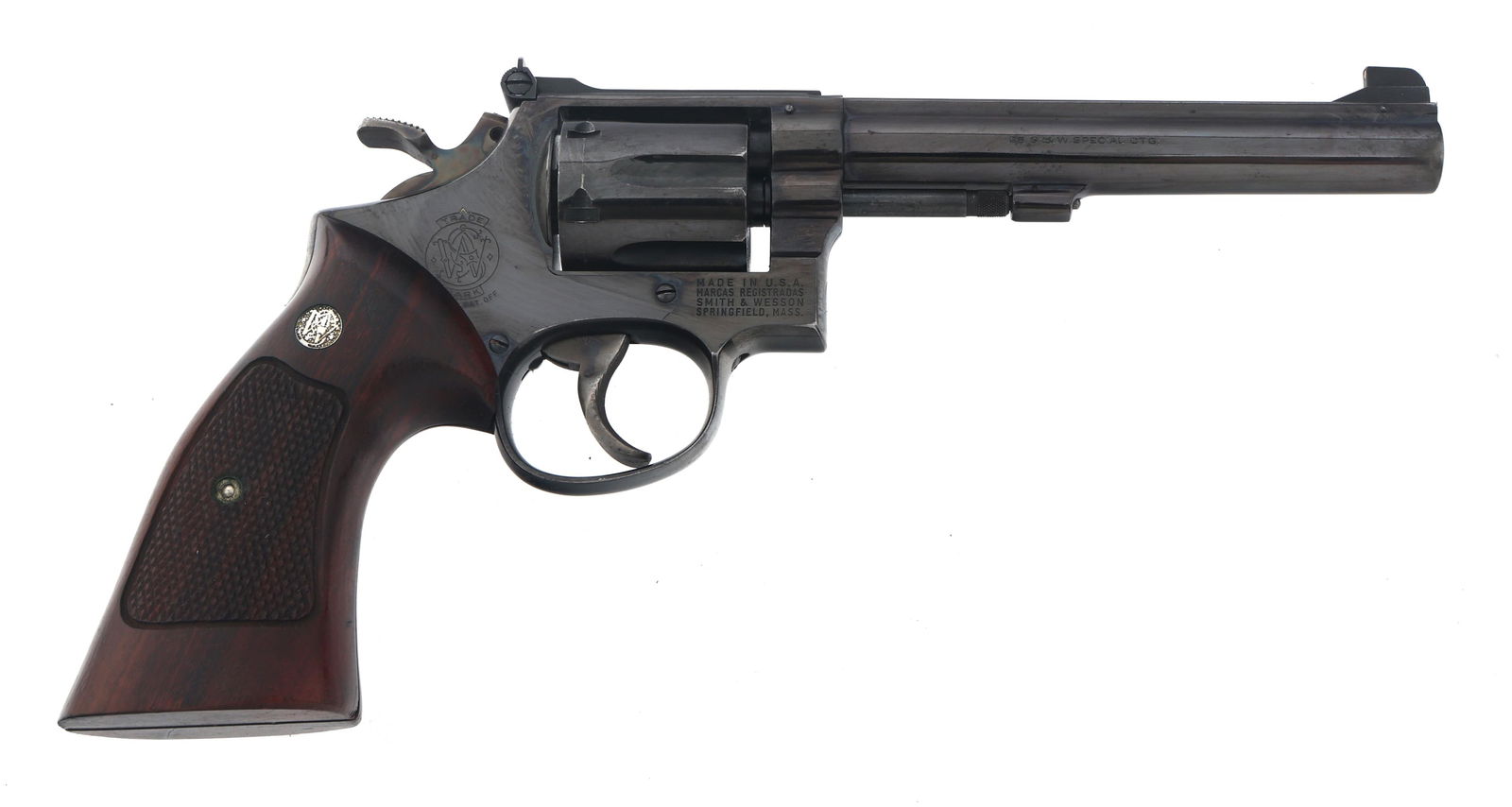SMITH & WESSON MODEL 14-1 38 SPL CAL DA REVOLVER: SMITH & WESSON MODEL 14-1 38 SPL CAL DA REVOLVER Smith & Wesson Model 14-1 .38 Special caliber double action revolver. Blued finish. Checkered wood grips with S&W medallion. Full rib barrel. Adjustabl