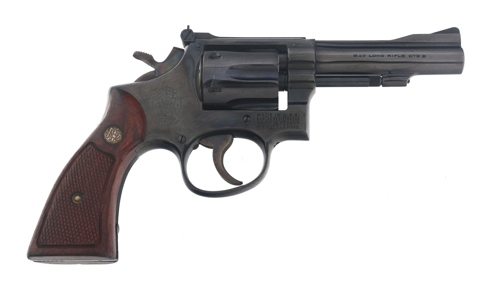 SMITH & WESSON MODEL 18 .22 LR CALIBER REVOLVER: SMITH & WESSON MODEL 18 .22 LR CALIBER REVOLVER Smith & Wesson Model 18 .22 LR caliber double action revolver. Blued finish. Blade front sight. Adjustable open rear sight. Six shot fluted cylinder. Ch
