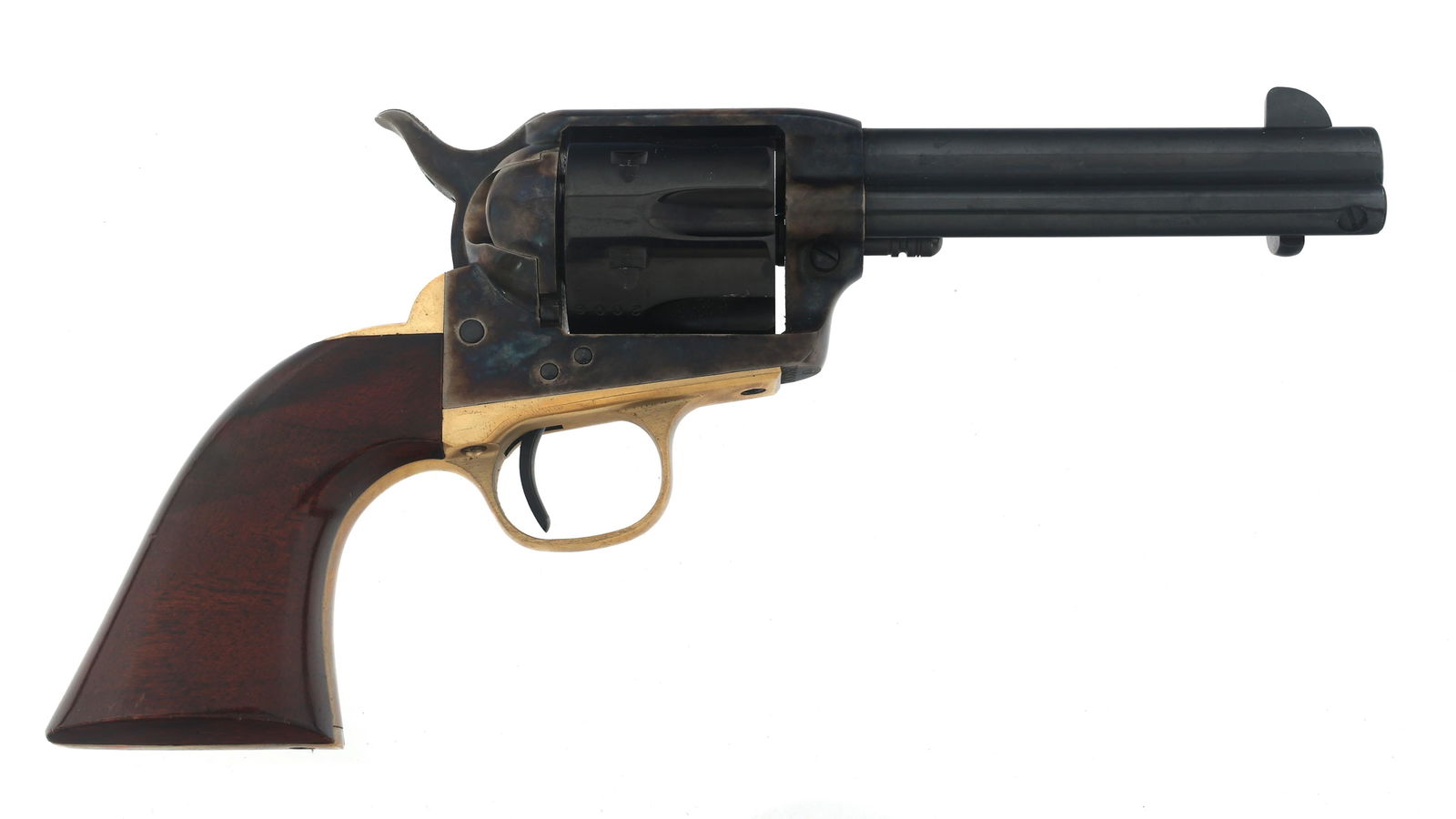 UBERTI STOGER MODEL 1873 .44 CALIBER SA REVOLVER: UBERTI STOGER MODEL 1873 .44 CALIBER SA REVOLVER Uberti Stoger Model 1873 .44 caliber Single action revolver. Blued finish on barrel and cylinder. Case hardened frame. Brass trigger guard and back str