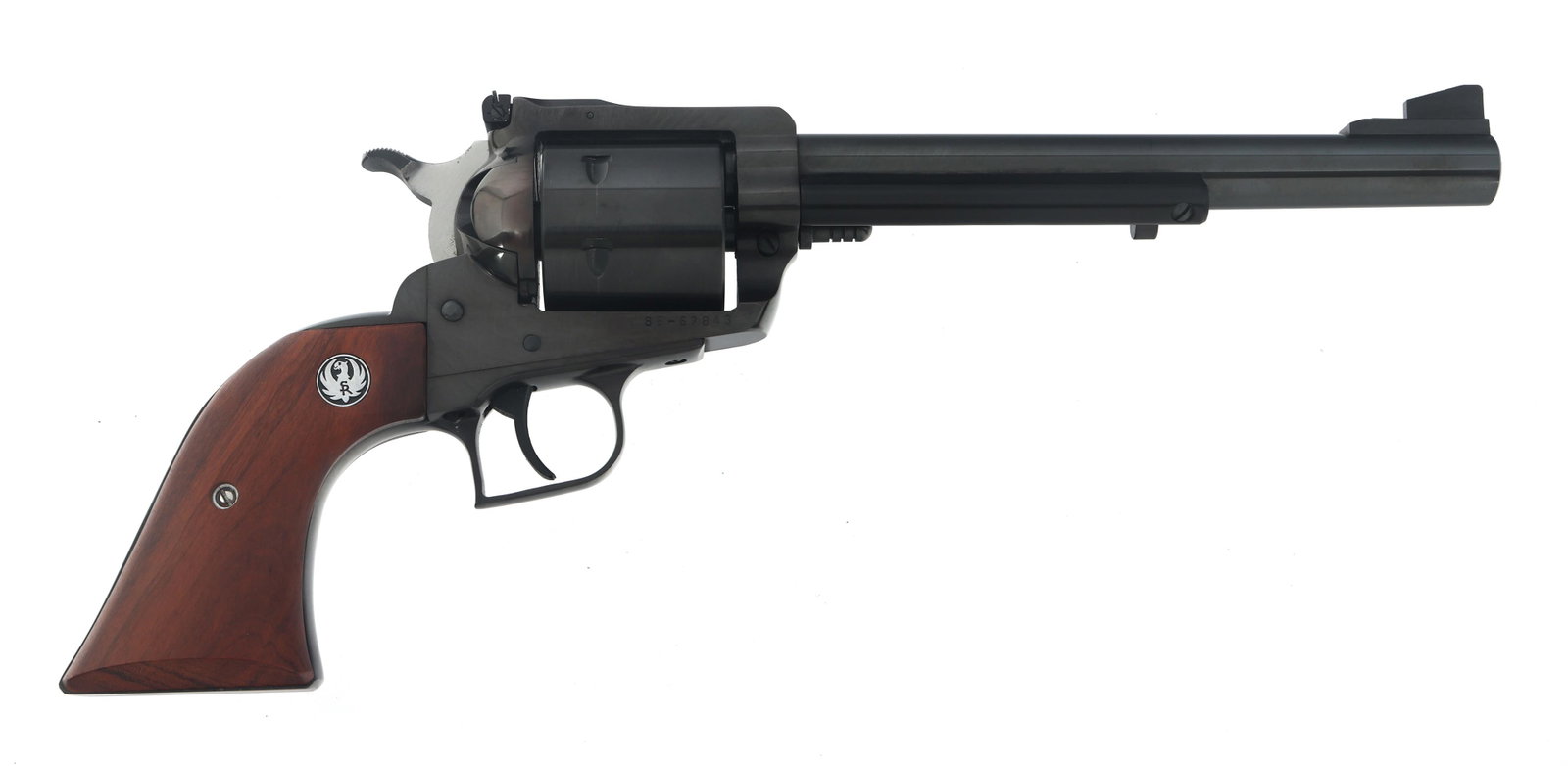 RUGER NEW MODEL SUPER BLACKHAWK .44 CAL REVOLVER: RUGER NEW MODEL SUPER BLACKHAWK .44 CAL REVOLVER Ruger New Model Super Blackhawk .44 MAG caliber single action revolver. Blued finish. Wood grips with Ruger medallion. Adjustable rear sight. Smooth si