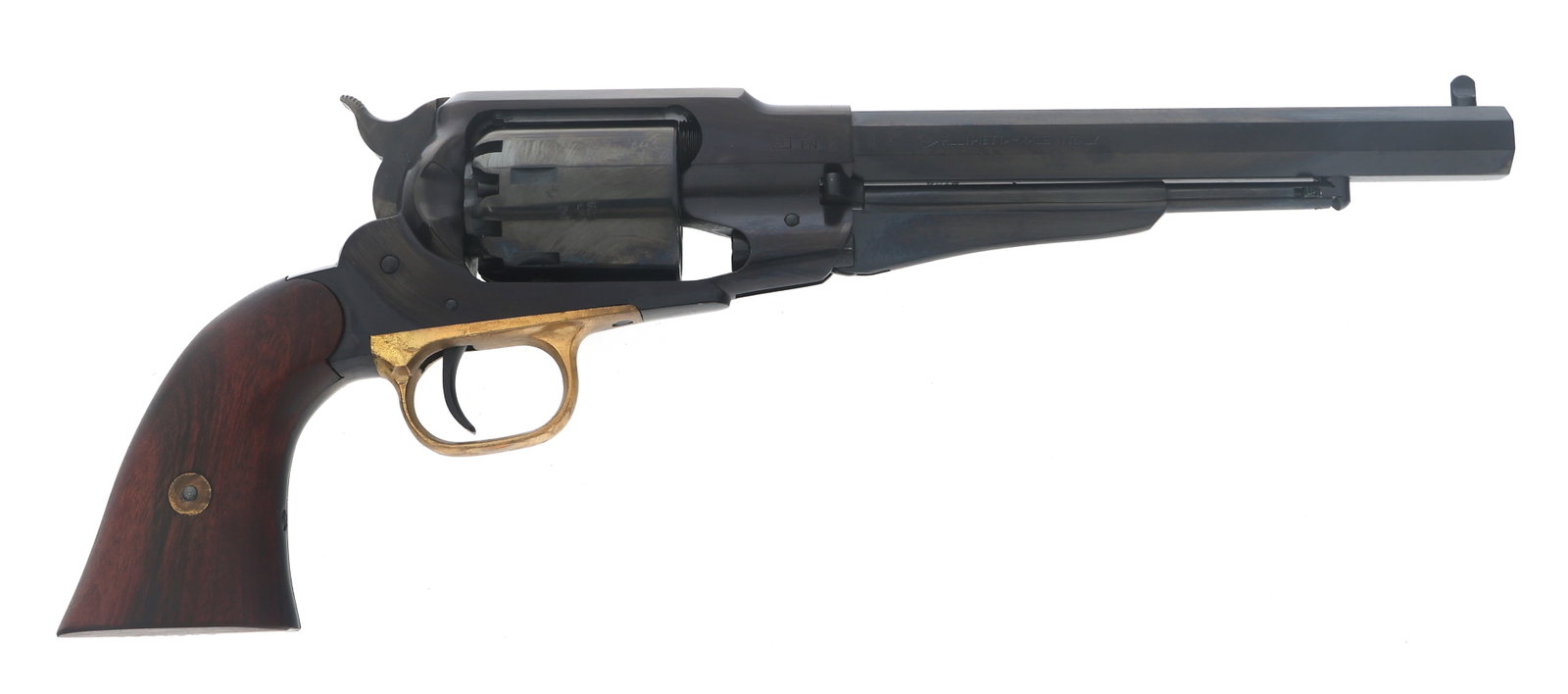PIETTA MODEL 1858 .44 CALIBER PERCUSSION REVOLVER: PIETTA MODEL 1858 .44 CALIBER PERCUSSION REVOLVER Pietta Model 1858 .44 caliber percussion revolver. Blued finish. Fixed sights. Brass trigger guard. Wood grips. Original box with manual. Caliber / Ga