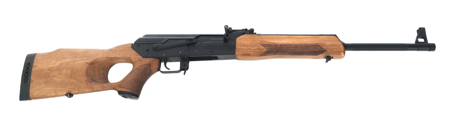 MOLOT ORUZHIE MODEL VEPR 5.45x39mm CALIBER RIFLE: MOLOT ORUZHIE MODEL VEPR 5.45x39mm CALIBER RIFLE Molot-Oruzhei Model Vepr 5.45x39mm caliber semi automatic rifle. Import stamped "WPA". Matte black finish. Wood stocks. Protected front sight. Adjustab