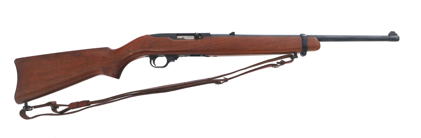 RUGER MODEL 10/22 .22 LR CALIBER RIFLE: RUGER MODEL 10/22 .22 LR CALIBER RIFLE Ruger Model 10/22 .22 LR caliber semi-automatic rifle. Wood stock. Adjustable rear sight. Steel butt plate. Receiver is drilled and tapped. Leather sling. One ma