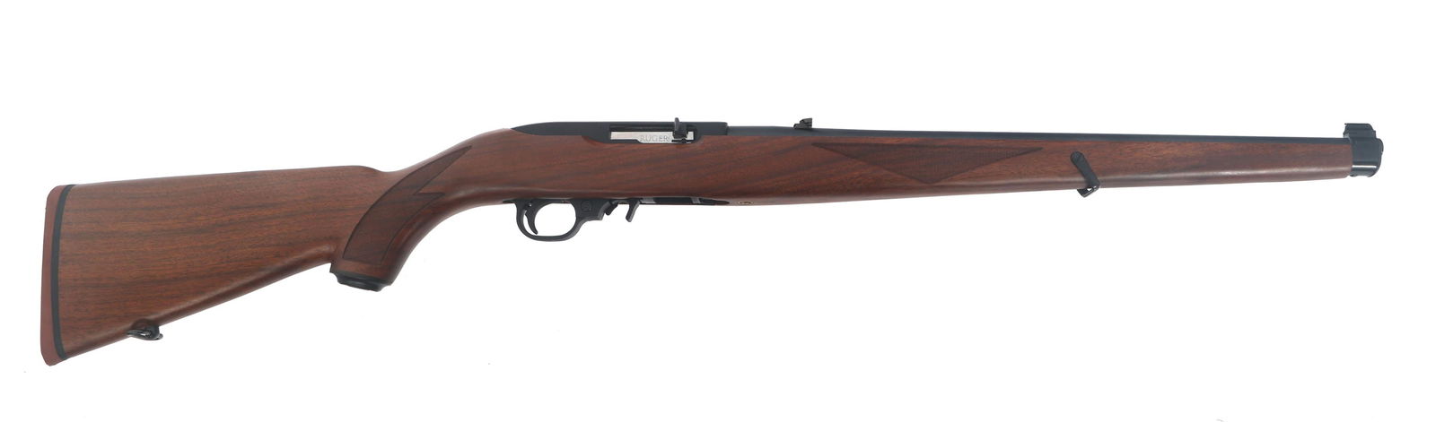 RUGER MODEL 10/22 .22 LR CALIBER MANNLICHER RIFLE: RUGER MODEL 10/22 .22 LR CALIBER MANNLICHER RIFLE Ruger Model 10/22 .22 LR caliber semi automatic Mannlicher rifle. Blued finish. Post front sight. Flip up adjustable rear sight. Wood Mannlicher stock