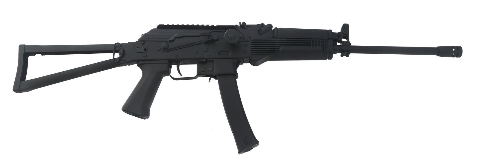 KALASHNIKOV USA MODEL KR-9 9X19mm CALIBER RIFLE: KALASHNIKOV USA MODEL KR-9 9X19mm CALIBER RIFLE Kalashnikov USA model KR-9 9x19mm caliber semi automatic rifle. Matte black finish. Front protected post sight with one slot picatinny rail below barrel