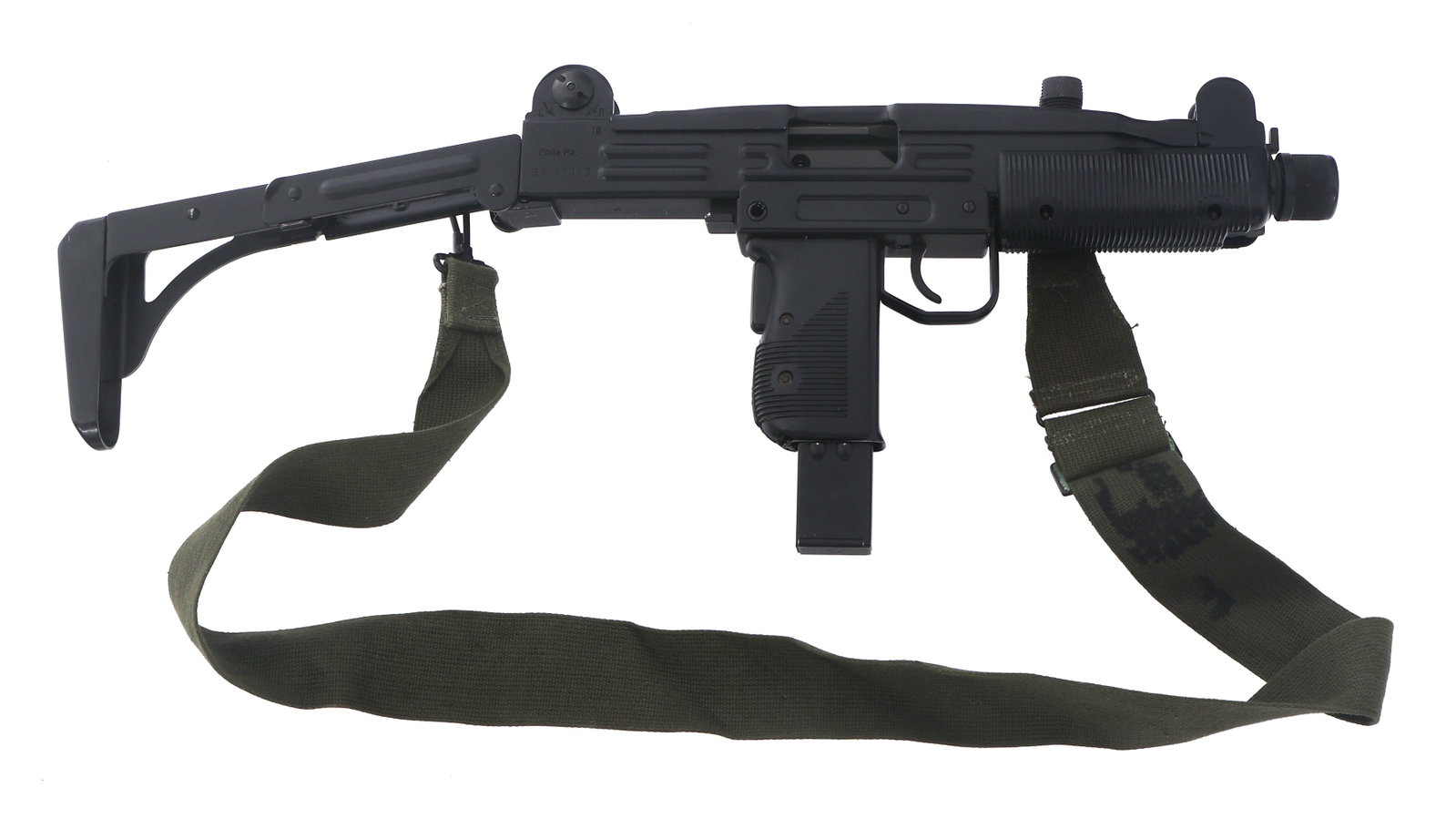 IMI UZI MODEL B 9mm CALIBER CARBINE NO BARREL: IMI UZI MODEL B 9mm CALIBER CARBINE NO BARREL Action Arms IMI UZI model B 9mm caliber semi automatic carbine without barrel. Action Arms, Ltd import mark. Black finish. Adjustable sights. Sling. One m