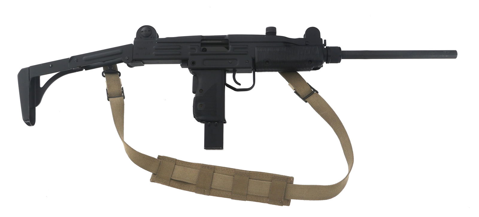 IMI UZI MODEL B 9mm CALIBER SEMI AUTO CARBINE: IMI UZI MODEL B 9mm CALIBER SEMI AUTO CARBINE Action Arms IMI UZI Model B 9mm caliber semi automatic carbine. Ribbed polymer forend and pistol grip. Folding stock. Canvas sling. One magazine. Caliber