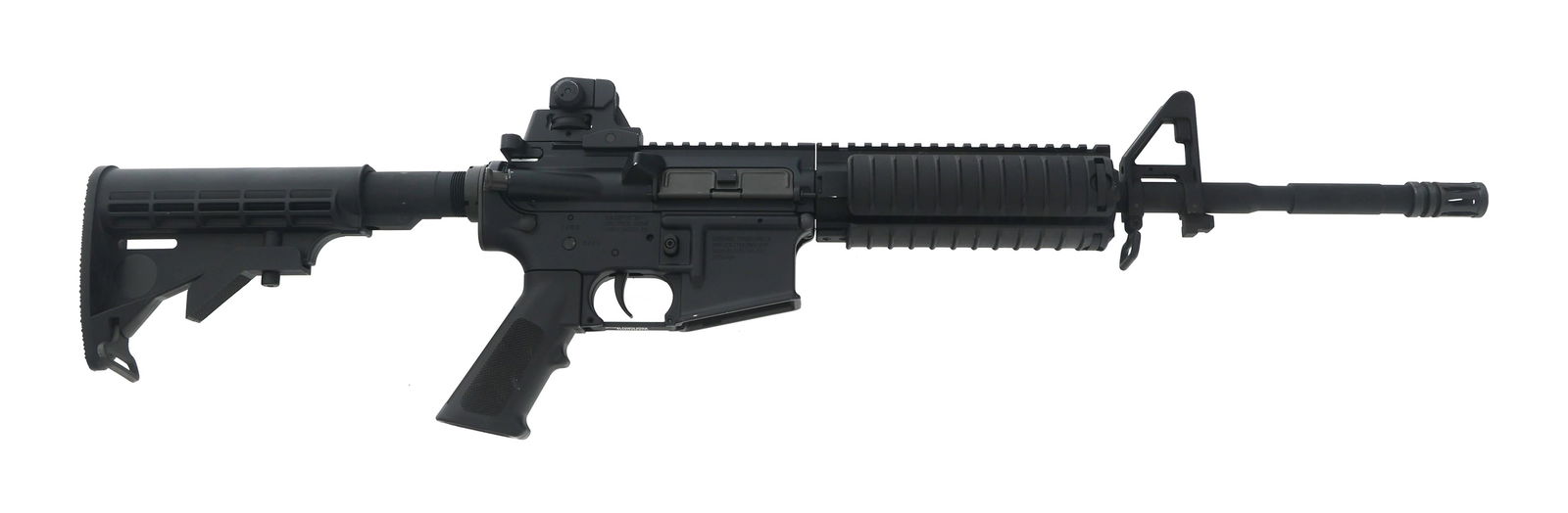 WALTHER COLT MODEL M4 .22 LR CARBINE: WALTHER COLT MODEL M4 .22 LR CARBINE Walther Colt Model M4 .22 LR caliber semi automatic carbine. Made in Germany. Matte black finish. Front protected post sight. Rear adjustable flip up sight. Flash