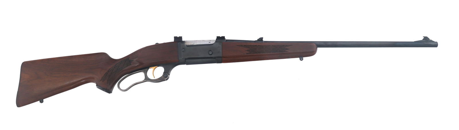 SAVAGE MODEL 99C .308 CALIBER LEVER ACTION RIFLE: SAVAGE MODEL 99C .308 CALIBER LEVER ACTION RIFLE 1966 Savage Model 99C .308 caliber lever action rifle. Blued finish. Front ramp sight. Rear adjustable flip up open sight. Jeweled bolt. Checkered wood