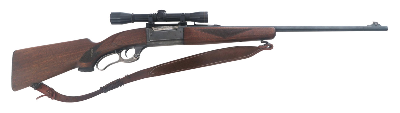 SAVAGE MODEL 99 .300 SAVAGE CAL LEVER ACTION RIFLE: SAVAGE MODEL 99 .300 SAVAGE CAL LEVER ACTION RIFLE 1953 Savage Model 99 .300 Savage caliber lever action rifle. Blued finish. Adjustable rear sight. Round counter on left side of receiver. Leather sli