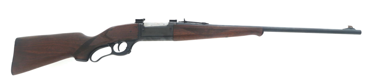 1953 SAVAGE MODEL 99 .300 SAVAGE CALIBER RIFLE: 1953 SAVAGE MODEL 99 .300 SAVAGE CALIBER RIFLE 1953 Savage Model 99 .300 Savage caliber lever action rifle. Bore measures 30 caliber. Blued finish. Blade front sight. Adjustable rear sight. Peep sight