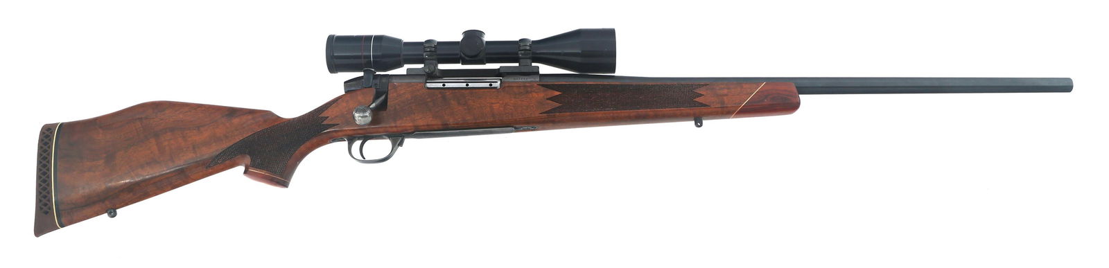WEATHERBY MARK V 375 H&H CALIBER BOLT ACTION RIFLE: WEATHERBY MARK V 375 H&H CALIBER BOLT ACTION RIFLE Weatherby Mark V .375 H&H caliber bolt action rifle. Receiver import stamped "South gate". Blued finish. Checkered Monte Carlo wood stock with cheek