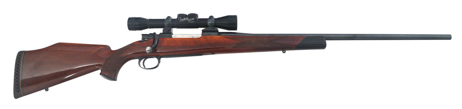 WEATHERBY SOUTH GATE .300 CALIBER MAUSER RIFLE: WEATHERBY SOUTH GATE .300 CALIBER MAUSER RIFLE Weatherby South Gate .300 Weatherby Mag. caliber bolt action Mauser rifle. Blued finish. Checkered Monte Carlo wood stock with cheek rest. Swivel studs.