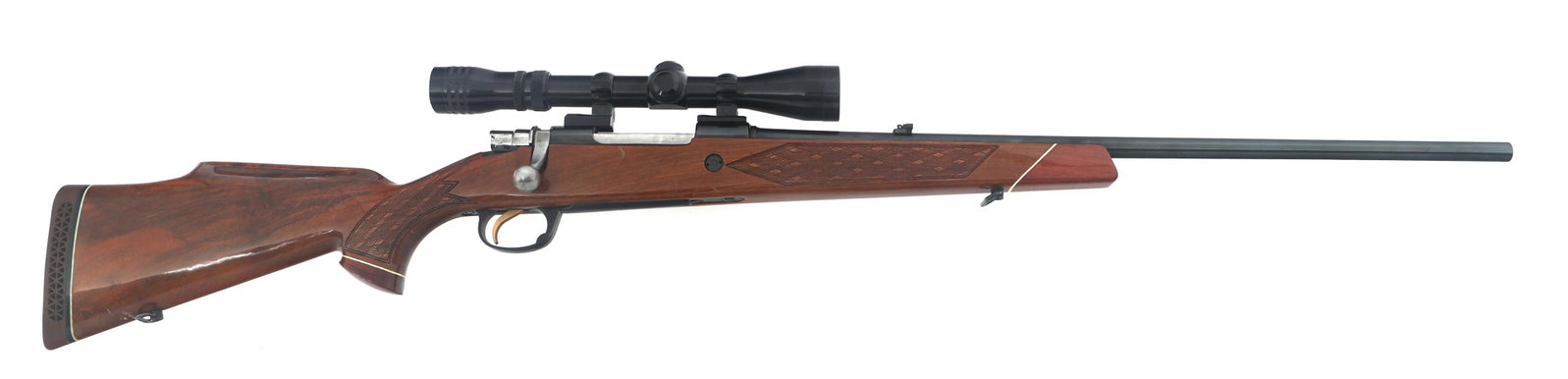 PARKER HALE .270 CALIBER BOLT ACTION MAUSER RIFLE: PARKER HALE .270 CALIBER BOLT ACTION MAUSER RIFLE Parker Hale .270 caliber bolt action Mauser rifle. Import stamped "JANA". Blued finish. Checkered wood stock with cheek rest. Adjustable rear sight. P