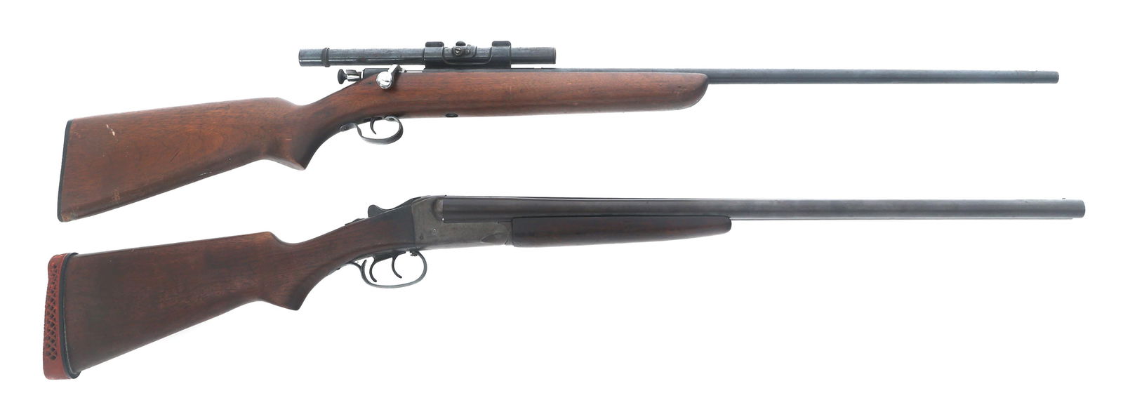 WINCHESTER 67 RIFLE AND JC. HIGGINS 101.7 SHOTGUN: WINCHESTER 67 RIFLE AND JC. HIGGINS 101.7 SHOTGUN Winchester Model 67 rifle and JC. Higgins Model 101.7 shotgun. A) Winchester Model 67 .22 LR caliber single shot bolt action rifle. Blued finish. Miss