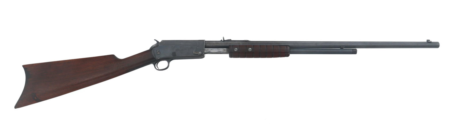 MARLIN MODEL 27-S .25 RF CALIBER PUMP ACTION RIFLE: MARLIN MODEL 27-S .25 RF CALIBER PUMP ACTION RIFLE Marlin Model 27-S .25 RF caliber pump action rifle. Blued finish. Serial number 3092 stamped into left side of upper receiver tang. Wood stocks. Adju