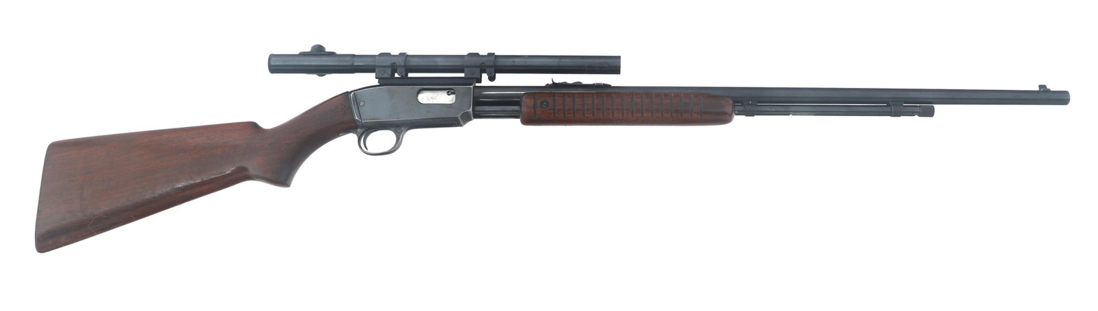 WINCHESTER MODEL 61 .22 CALIBER PUMP ACTION RIFLE: WINCHESTER MODEL 61 .22 CALIBER PUMP ACTION RIFLE Winchester Model 61 .22 S-L-LR caliber pump action rifle. Blued finish. Wood stock. Adjustable rear sight. Mossberg Model M4D 4 Power scope with cross