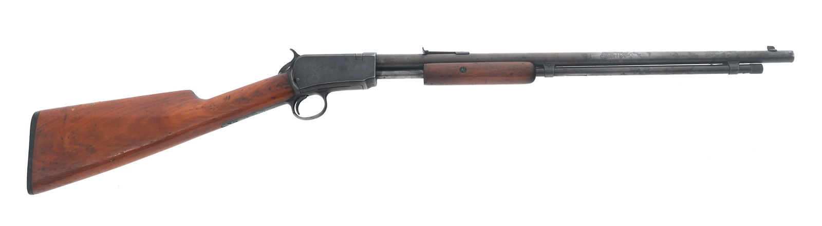1908 WINCHESTER MODEL 1906 .22 S CALIBER RIFLE: 1908 WINCHESTER MODEL 1906 .22 S CALIBER RIFLE 1908 Winchester Model 1906 .22 S caliber slide action takedown rifle. Blade front sight. Adjustable rear sight. Wood stock. Checkered Winchester butt pla