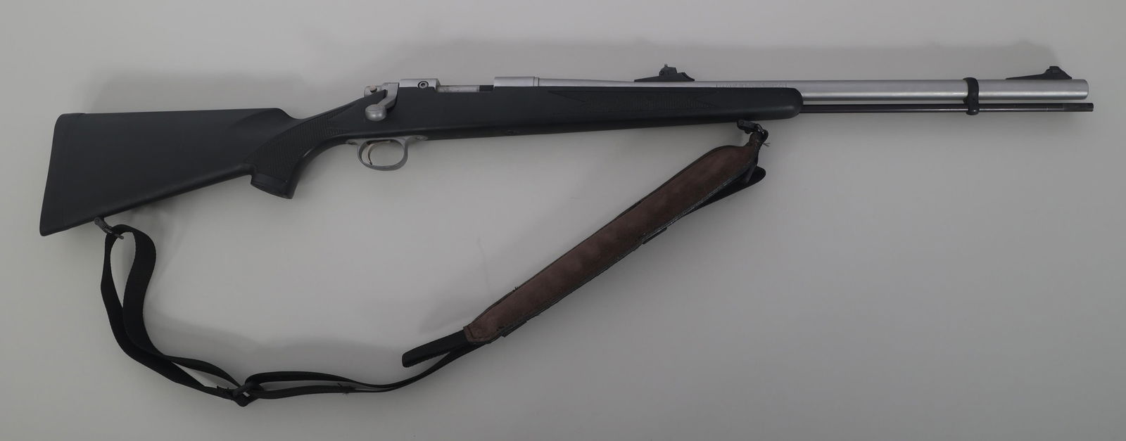 REMINGTON MODEL 700 ML 50 CALIBER PERCUSSION RIFLE: REMINGTON MODEL 700 ML 50 CALIBER PERCUSSION RIFLE Remington Model 700 ML .50 caliber black powder percussion rifle. Matte stainless steel finish. Adjustable rear sight. Receiver is drilled and tapped