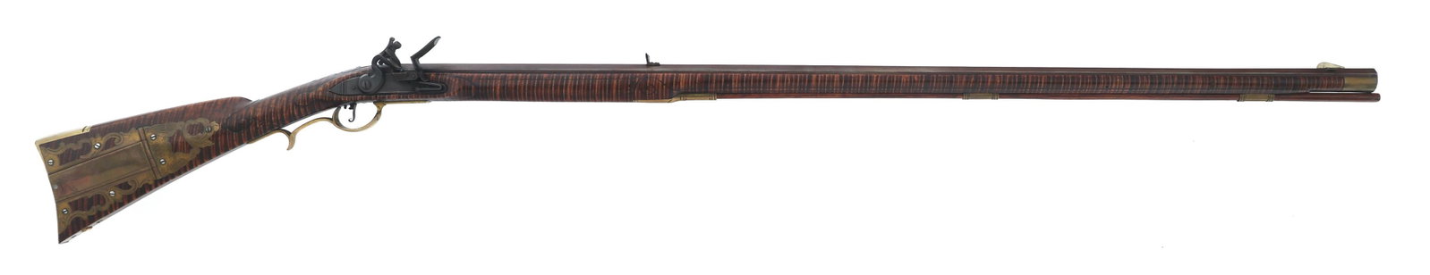 HOMER DANGLER .45 CALIBER FLINTLOCK RIFLE: HOMER DANGLER .45 CALIBER FLINTLOCK RIFLE Homer L. Dangler .45 caliber black powder flintlock rifle. Top of barrel engraved "1776 H.L. DANGLER 1976". Brass moon on left side of stock engraved "J.B.P."