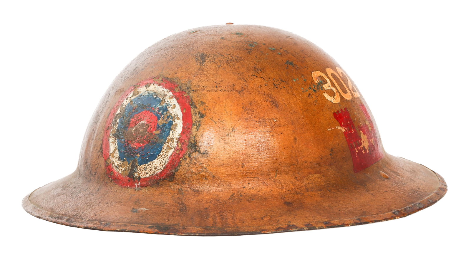 WWI US AEF 77th DIVISION MkI BRODIE HELMET: WWI US AEF 77th DIVISION MkI BRODIE HELMET WWI US AEF 77th Division, 302nd Engineer Regiment MkI "Brodie" Helmet. Gold painted shell with unit insignia painted on the sides and patriotic roundel on th