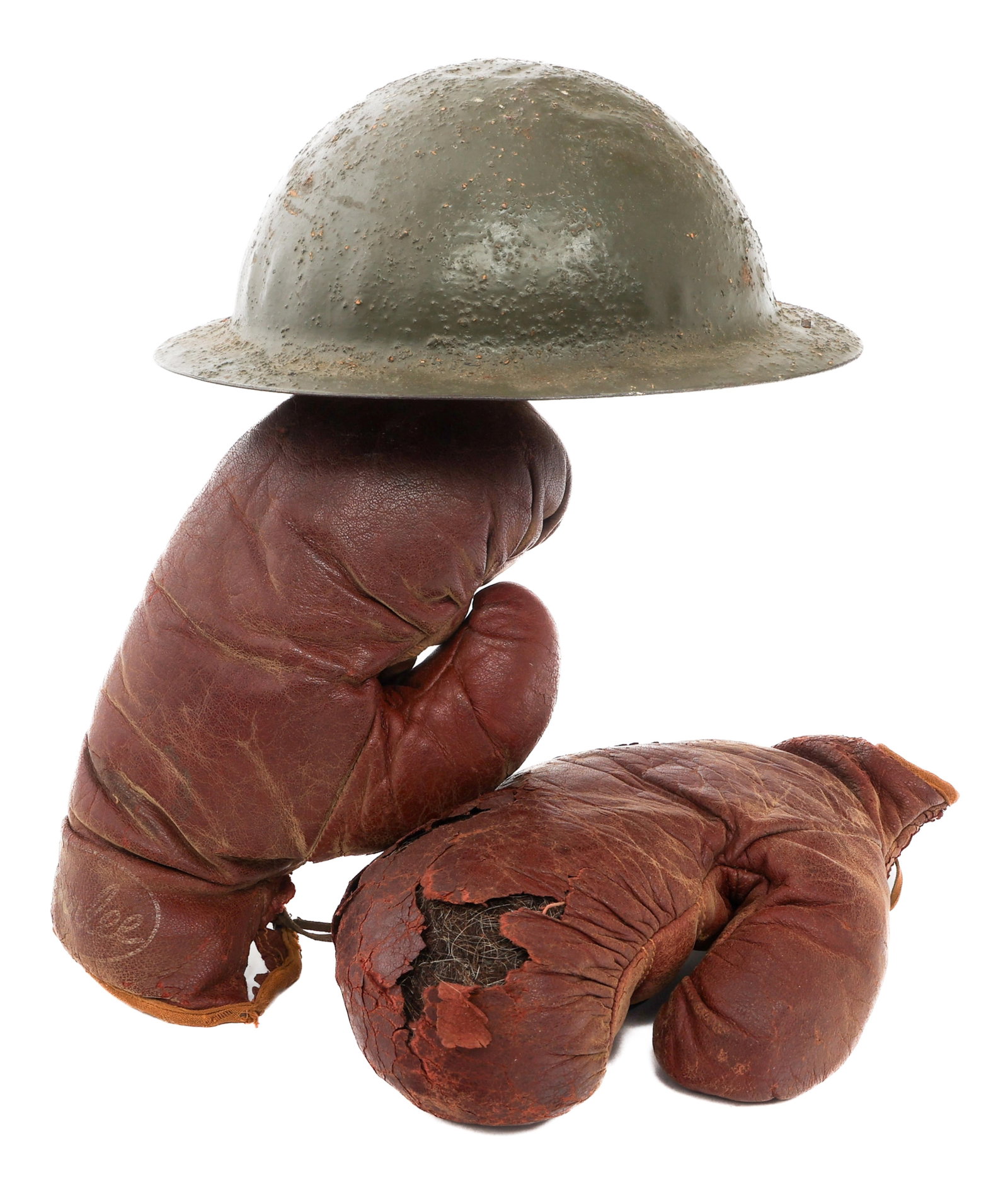 WWI CHILDREN'S HELMET & BENLEE BOXING GLOVES: WWI CHILDREN'S HELMET & BENLEE BOXING GLOVES WWI Children's Helmet & Benlee Boxing Gloves. (1) Children's Doughboy Helmet with cloth liner and leather chinstrap. (1) Pair of Benlee Leather Boxing Glov