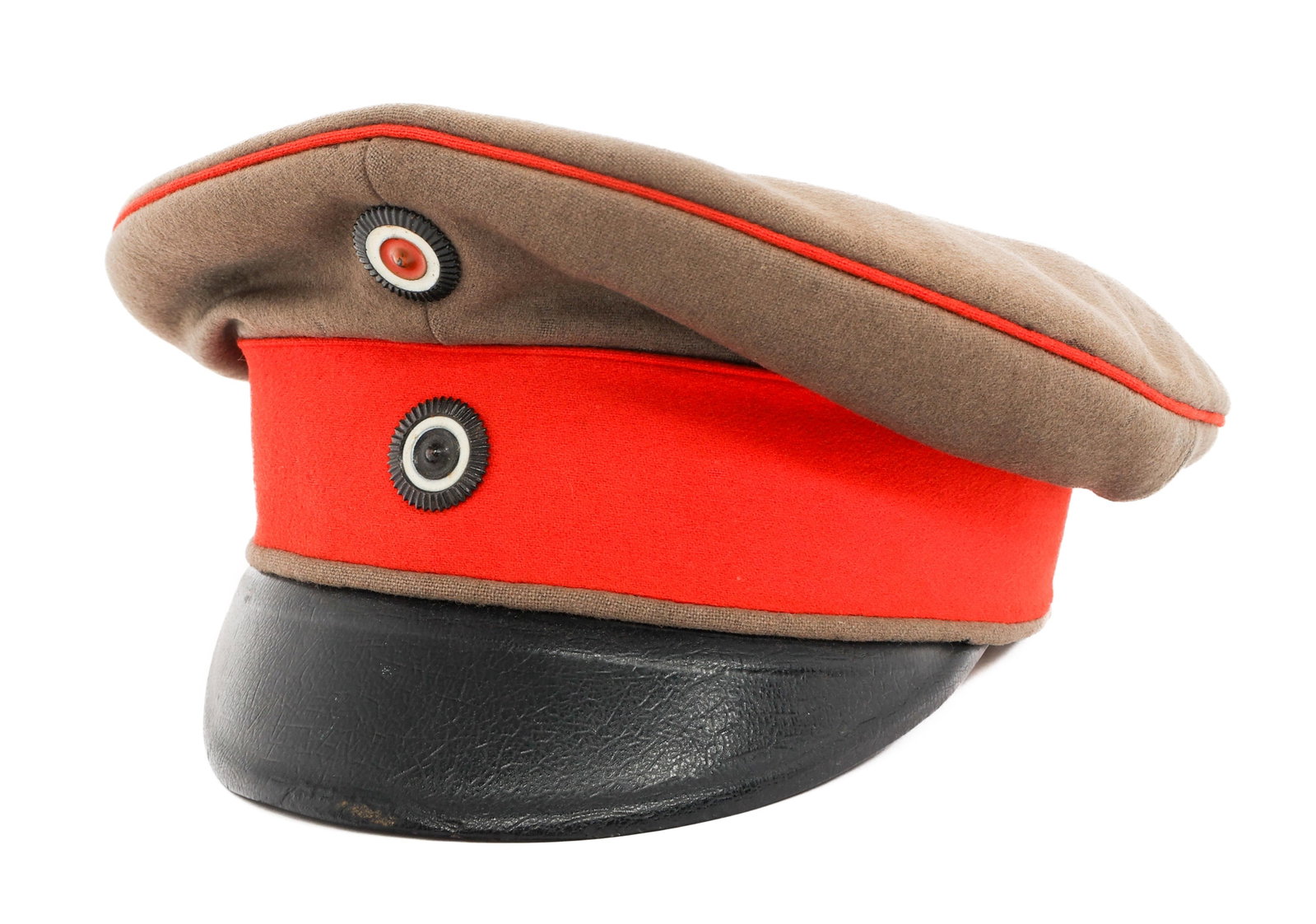 IMPERIAL GERMAN PRUSSIAN NCO SCHIRMMUTZE HAT: IMPERIAL GERMAN PRUSSIAN NCO SCHIRMMUTZE HAT Imperial German Prussian Enlisted/NCO Schirmmutze Hat. Feldgrau wool construction with red piping and band. Prussian Enlisted/NCO and National cockades. Le