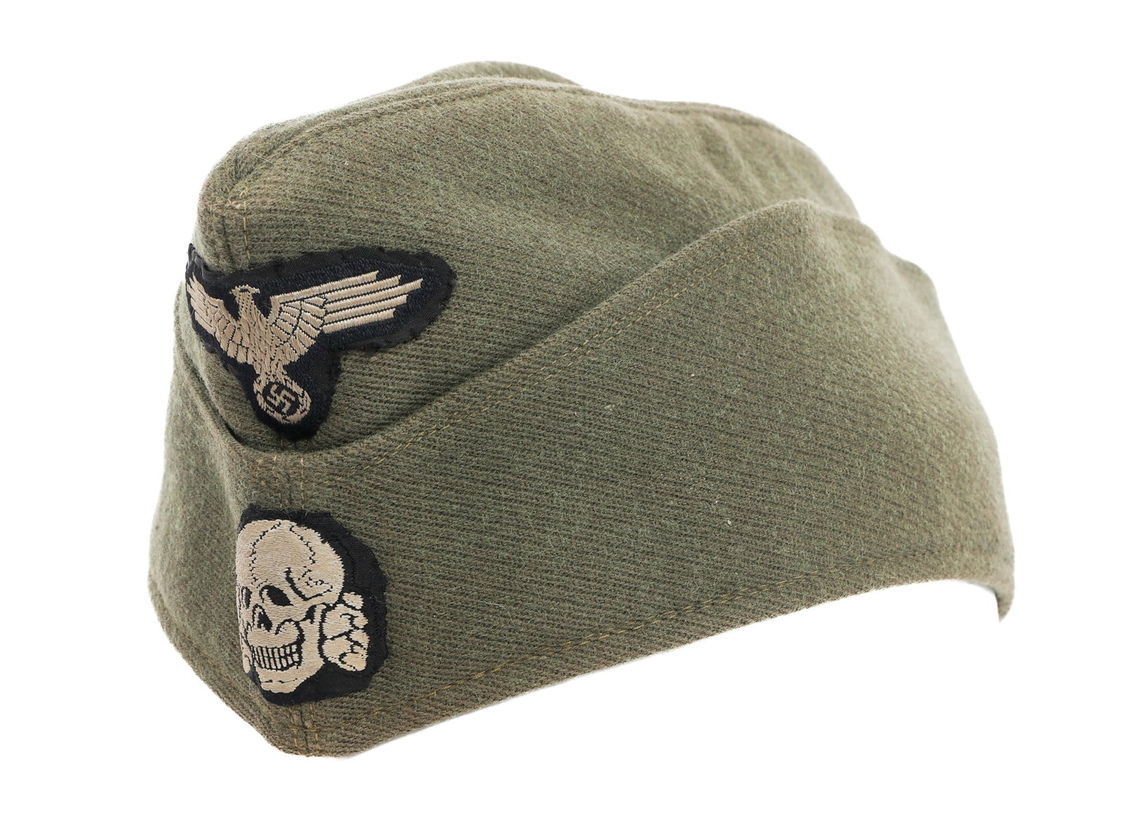 WWII GERMAN SS NCO M40 SIDE CAP: WWII GERMAN SS NCO M40 SIDE CAP WWII German SS NCO M40 Side Cap. Fine wool construction. No visible tags. Hand stitched German Eagle and Totenkopf.