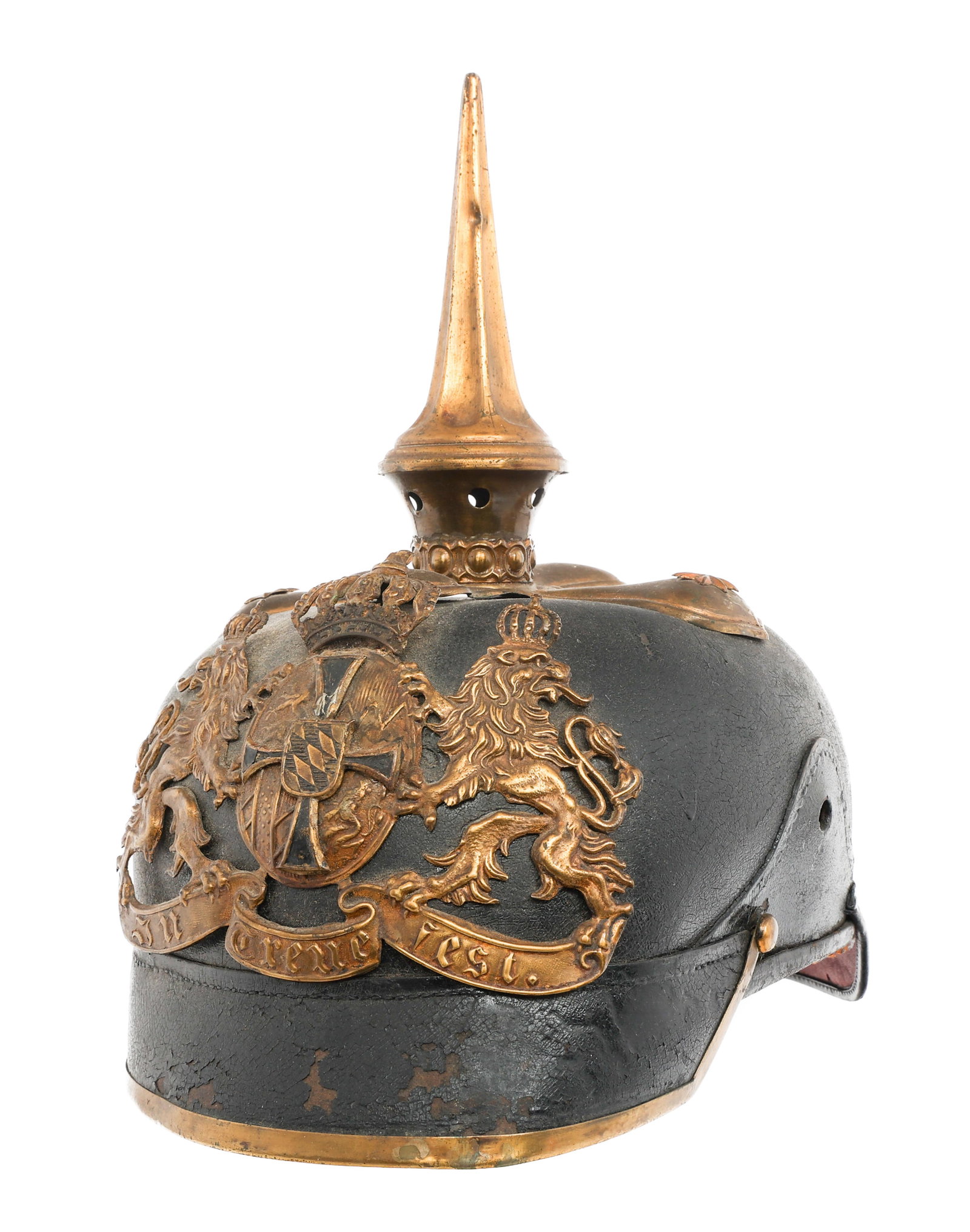 GERMAN BAVARIAN RESERVE OFFICER PICKELHAUBE: GERMAN BAVARIAN RESERVE OFFICER PICKELHAUBE WWI Imperial German Bavarian Infantry Reserve Officer Pickelhaube Helmet. Black leather hardshell with brass visor trim, spine and fluted spike. Brass Bavar