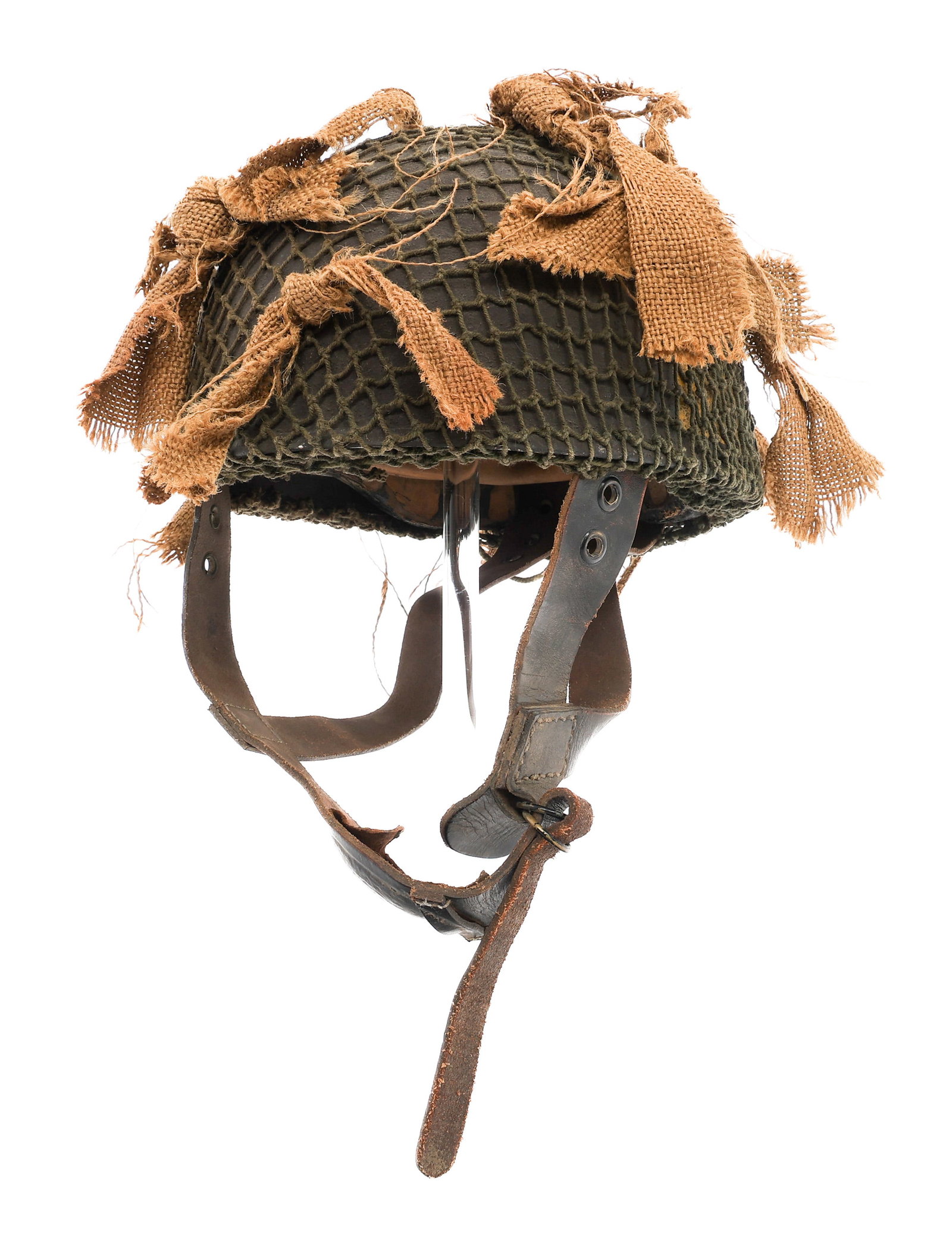 WWII BRITISH 53rd REGT Mk.II PARATROOPER HELMET: WWII BRITISH 53rd REGT Mk.II PARATROOPER HELMET WWII British Army 53rd Airlanding Light Regiment Mk.II Paratrooper Helmet. Camouflage netting & scrim on exterior. 53rd Airlanding Light Regiment DZ Fla