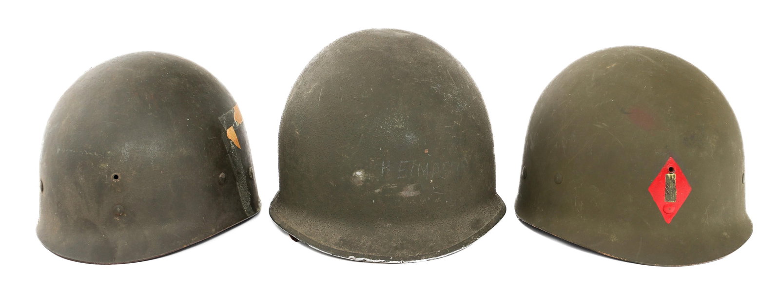 WWII US ARMY M1 COMBAT HELMET & LINERS: WWII US ARMY M1 COMBAT HELMET & LINERS WWII US Army M1 Combat Helmet & Liners. (1) M1 with Liner. Front seam, fixed bale. Lot number is present, but faded. OD3 chinstrap. White painted Firestone liner