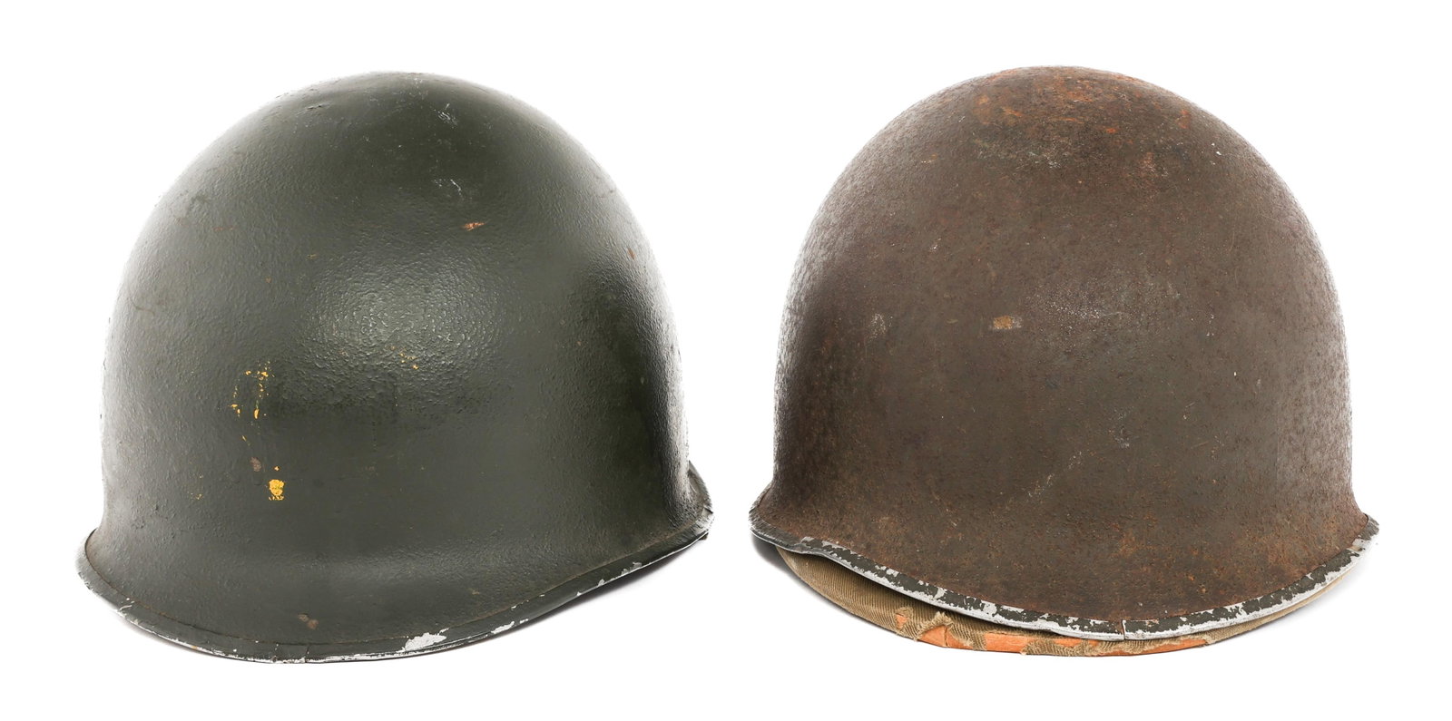 WWII US ARMY M1 COMBAT HELMETS WITH HAWLEY LINER: WWII US ARMY M1 COMBAT HELMETS WITH HAWLEY LINER WWII US Armyy M1 Combat Helmets with Hawley and Westinghouse Liners. (1) M1 Helmet. Front seam, fixed bale, late 1942 McCord production shell. No chins