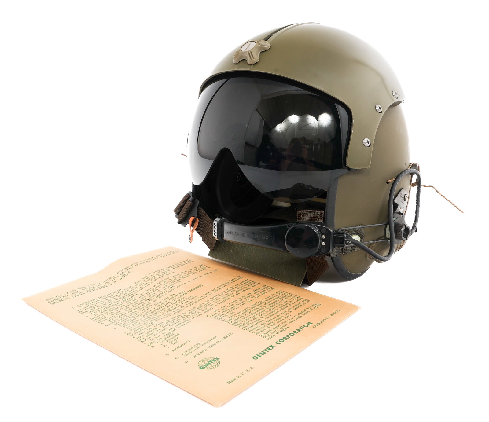 VIETNAM WAR US APH-6A FLIGHT HELMET & SIZING TOOL: VIETNAM WAR US APH-6A FLIGHT HELMET & SIZING TOOL Vietnam War US APH-6A Flight Helmet and Sizing Tool. Single tinted visor. Liner suspension is missing. Earphones and comms present. Maker marked by Ge