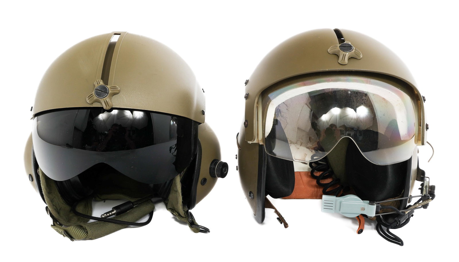 COLD WAR US APH-5 & SPH-4 FLIGHT HELMETS: COLD WAR US APH-5 & SPH-4 FLIGHT HELMETS Cold War US APH-5 and SPH-4 Flight Helmets. (1) SPH-4. OD Green painted outer shell. Maker marked by Gentex. Complete liner, ear pads and comms. (1) APH-6. OD 