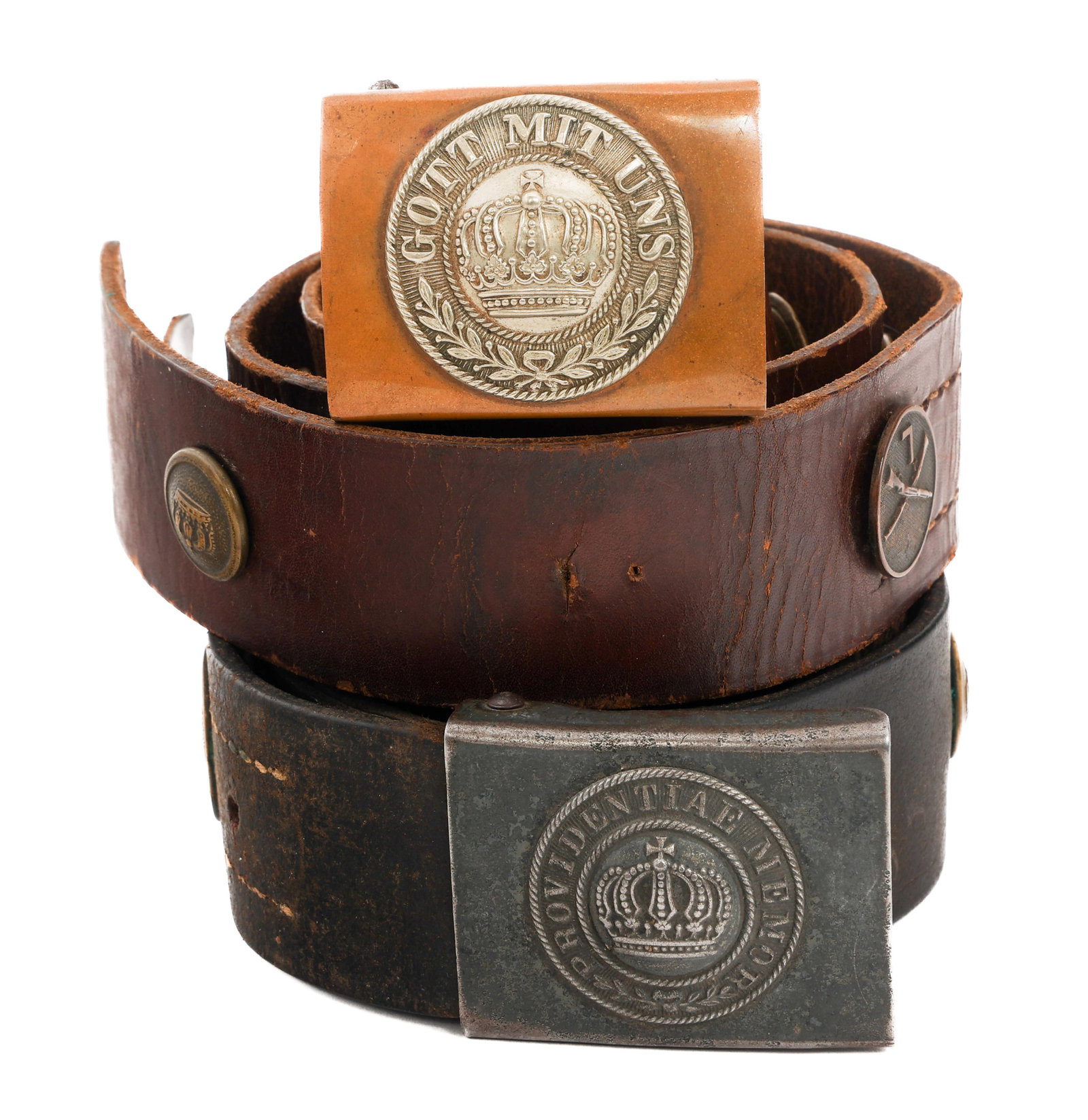 WWI IMPERIAL GERMAN PRUSSIAN SOUVENIR BELTS: WWI IMPERIAL GERMAN PRUSSIAN SOUVENIR BELTS WWI Imperial German Prussian Souvenir Belts. Leather construction with various regimental insignia. Prussian brass belt buckles.