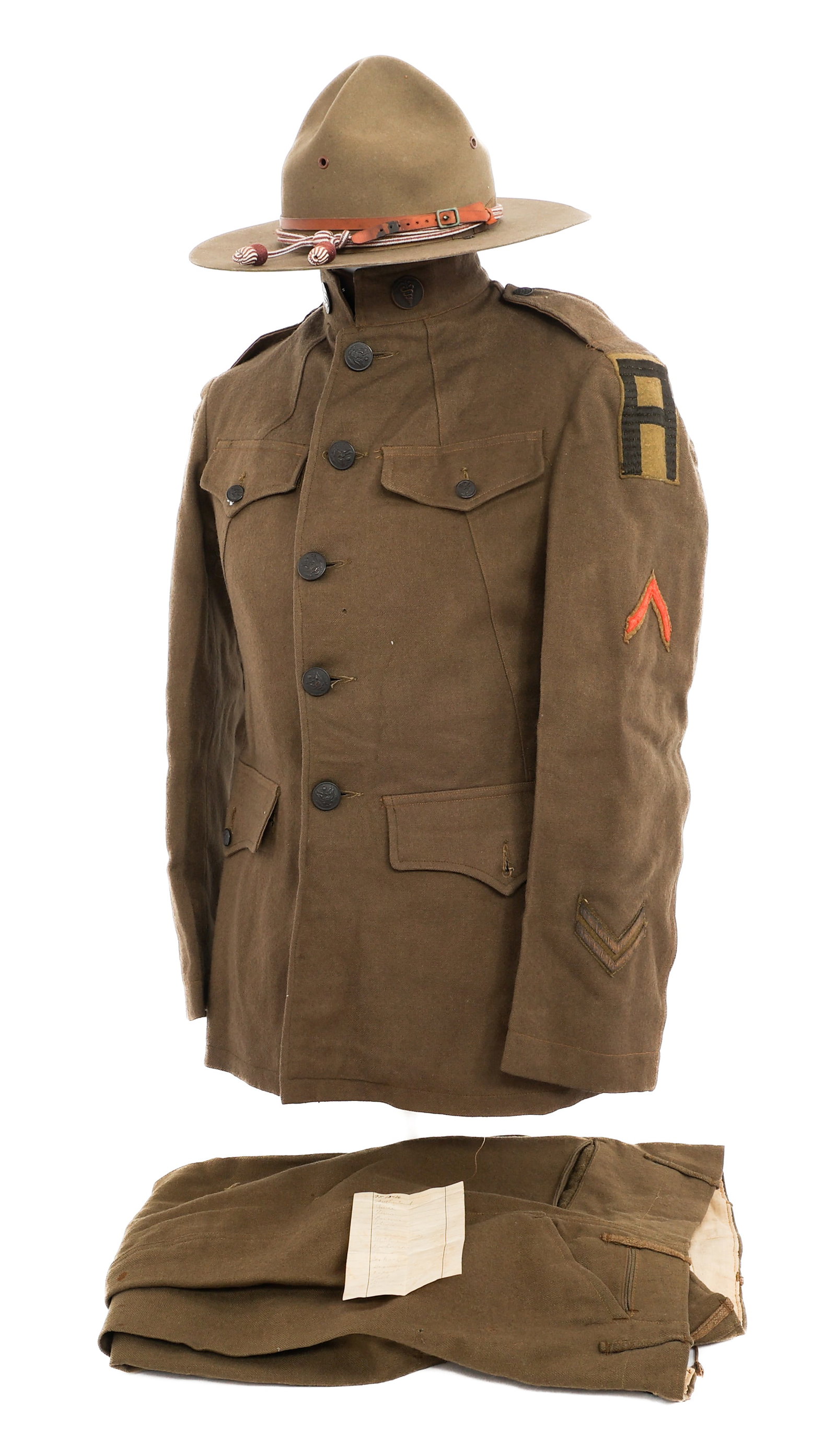 WWI US 3rd ARMY NAMED M1918 UNIFORM GROUPING: WWI US 3rd ARMY NAMED M1918 UNIFORM GROUPING WWI US 3rd Army M1918 Uniform Grouping. Named to Sergeant Raymond M Fair. (1) M1911 Campaign Hat by J. B. Stetson. Medical hat cord and leather chinstrap p