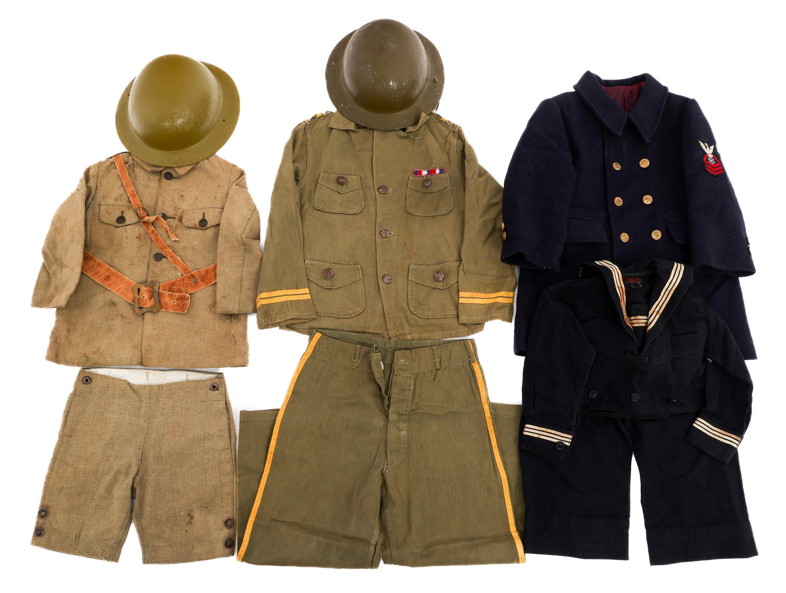 WWI - WWI US CHILDRENS ARMY & USN STYLE UNIFORMS: WWI - WWI US CHILDRENS ARMY & USN STYLE UNIFORMS WWI - WWII US Children's Army and and Navy Style Uniforms. Includes two helmets. Size: Small