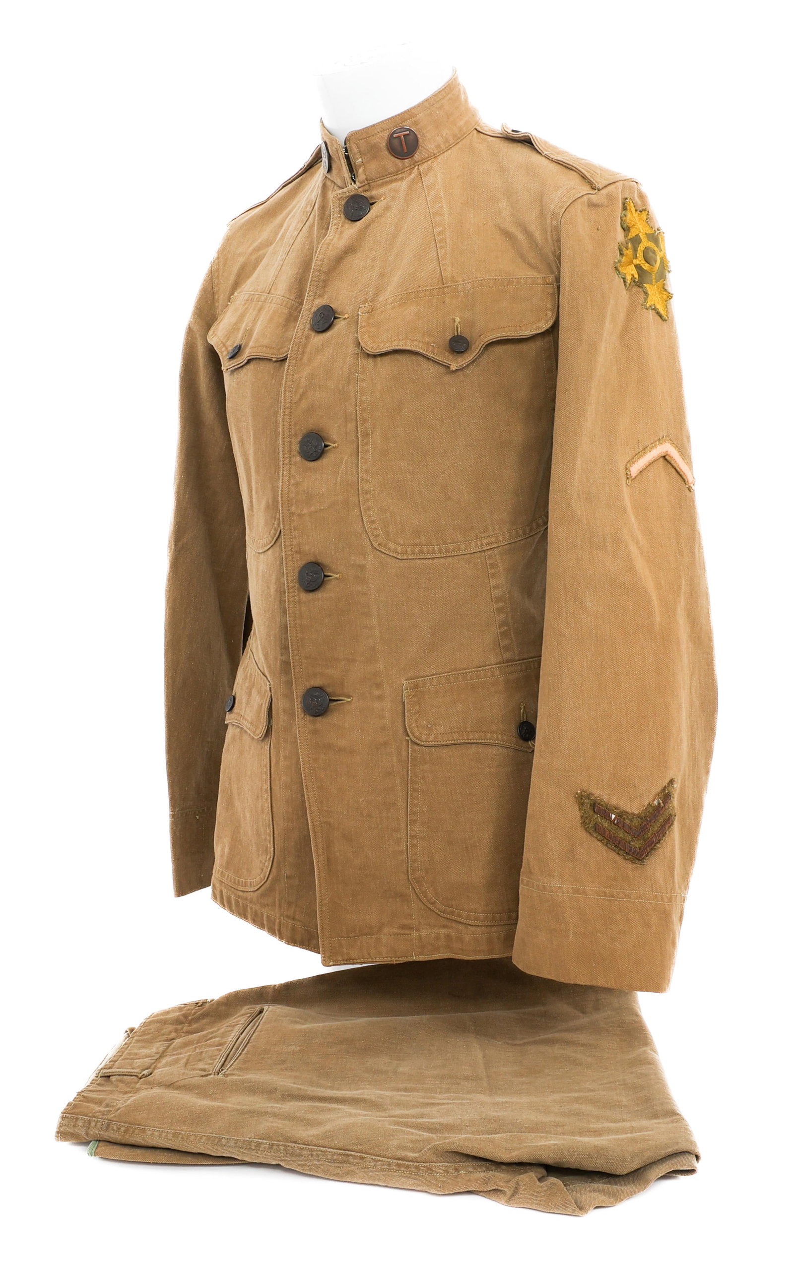 WWI US AEF 4th DIV. TRANSPORTATION M1912 UNIFORM: WWI US AEF 4th DIV. TRANSPORTATION M1912 UNIFORM WWI US AEF 4th Division Transportation Corps M1912 Uniform. Summer khaki cotton tunic with 4th Division shoulder patch, Transportation and "US 8" colla