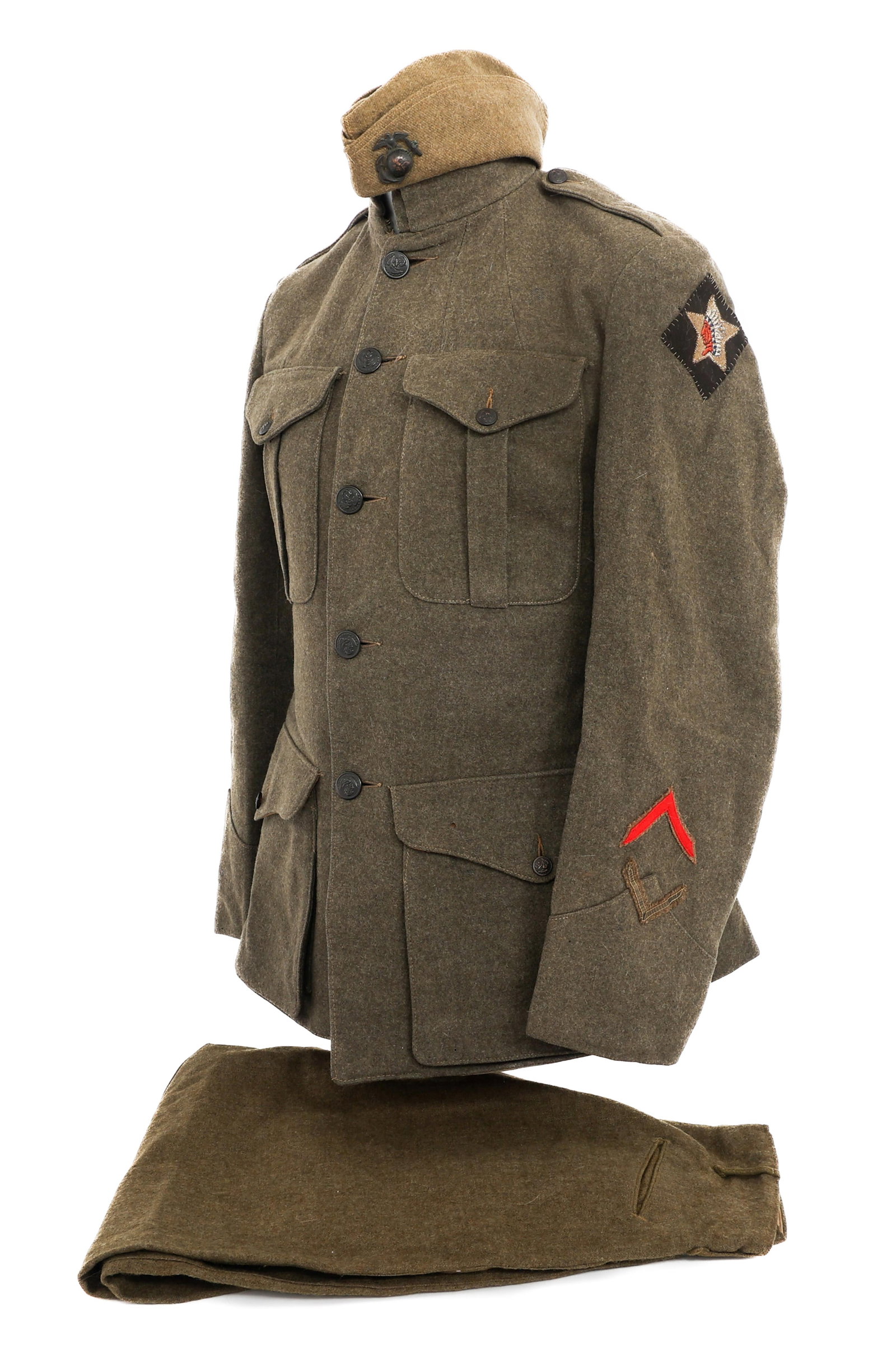 WWI USMC P1912 MODIFIED 1917 UNIFORM: WWI USMC P1912 MODIFIED 1917 UNIFORM WWI USMC P1912 Modified 1917 Uniform. (1) Army Garrison Cap. EGA front insignia. (1) P1912 Tunic with added lower pockets by 1917 regulation. USMC buttons. Headqua