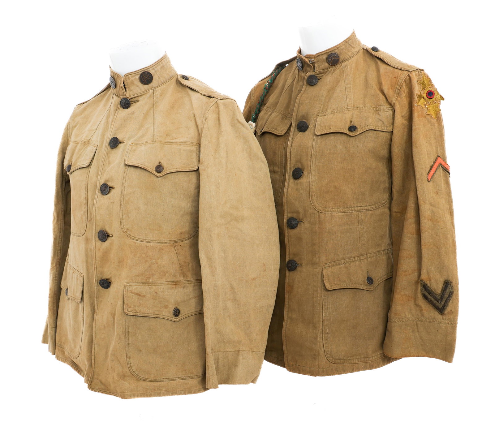 WWI US ARMY M1912 & NAMED M1911 TUNICS: WWI US ARMY M1912 & NAMED M1911 TUNICS WWI US Army M1912 and Named M1911 Tunics. Named to Frank Joseph Blaser Sr. (1) M1911 Tunic. US National Army enlisted collar discs. Tailor tag present and "Frank