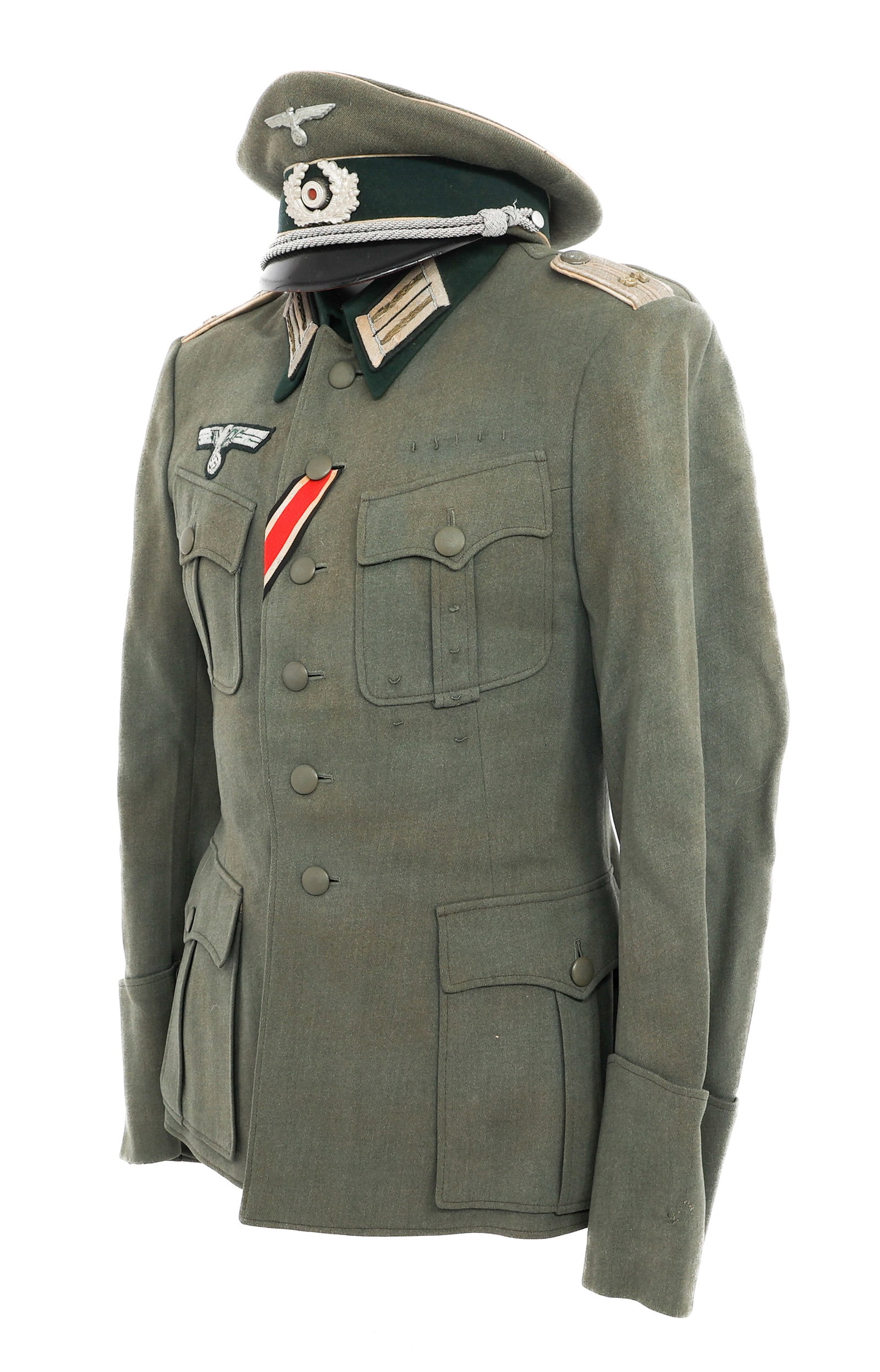 WWII GERMAN 87th INFANTRY LIEUTENANT UNIFORM: WWII GERMAN 87th INFANTRY LIEUTENANT UNIFORM WWII German 87th Infantry Lieutenant Visor Cap and M36 Tunic. (1) Infantry Officer Visor Cap. Feldgrau, fine wool construction with white piping. Heer Eagl