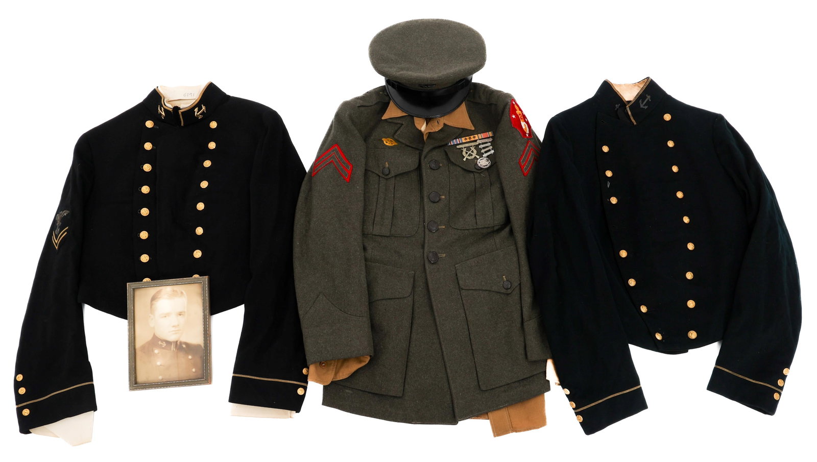 WWII - KOREAN WAR ERA USMC & NAVY CADET TUNICS: WWII - KOREAN WAR ERA USMC & NAVY CADET TUNICS WWII - Korean War Era US Marine Corps and Naval Academy Cadet Tunics. (1) USMC. Forest green Service Alpha tunic with 2nd Marine Div. shoulder patch, cor