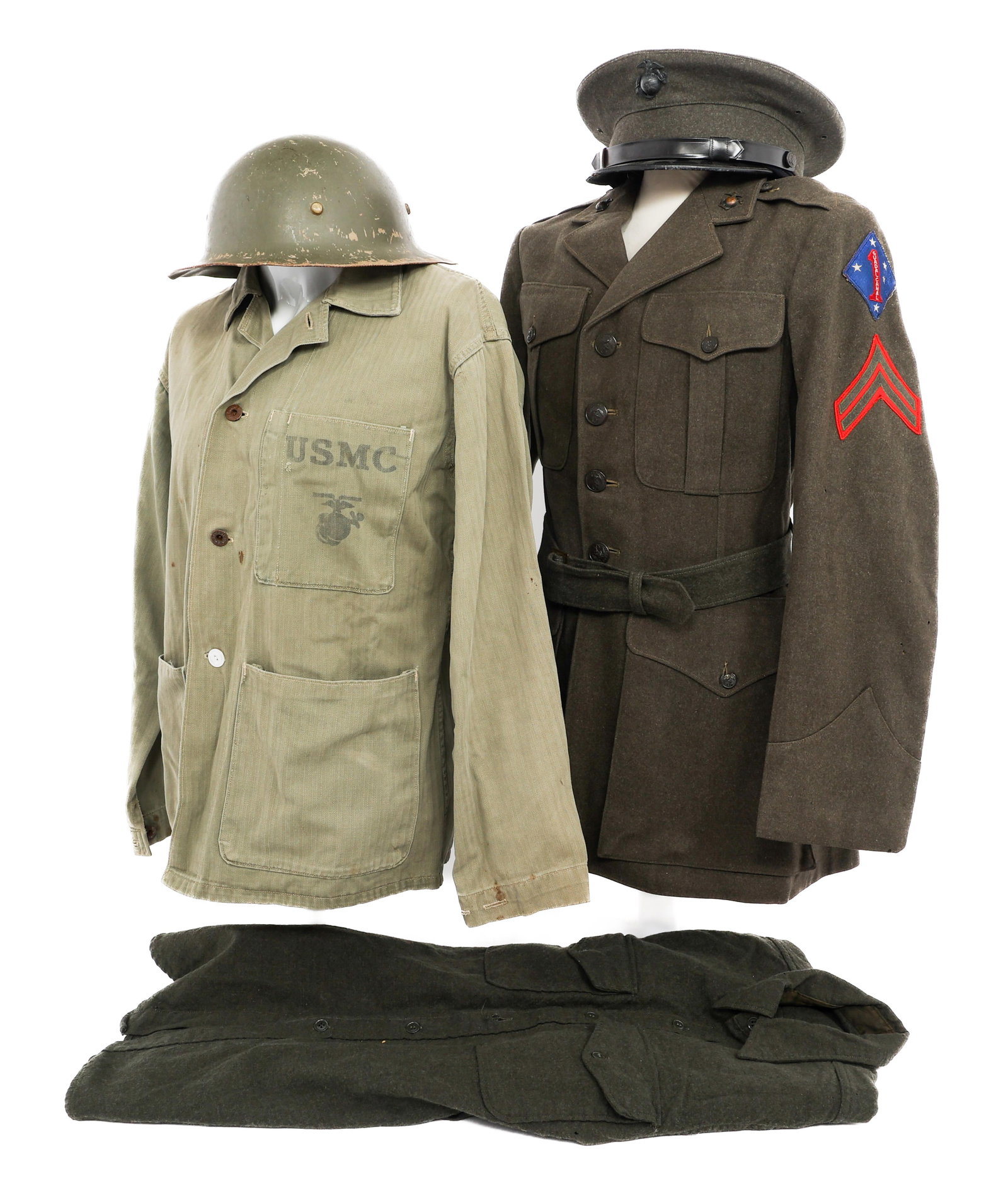 WWII USMC P41 HBT JACKET, UNIFORM ITEMS & HEADGEAR: WWII USMC P41 HBT JACKET, UNIFORM ITEMS & HEADGEAR WWII US Marine Corps Pattern 1941 HBT Combat Jacket, Uniform Items, and Headgear. (1) P41 HBT Jacket. Three front pockets with "USMC" and EGA insigni