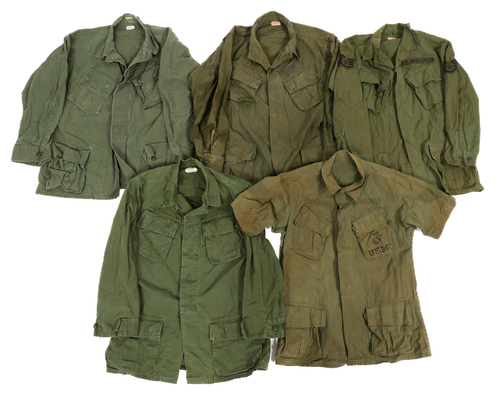 VIETNAM WAR US 3rd MODEL JUNGLE JACKETS: VIETNAM WAR US 3rd MODEL JUNGLE JACKETS Vietnam War USMC, Army and Air Force 3rd Model Jungle Jackets. OG-107 wind resistance poplin jackets with covered buttons. (3) Army. Ripstop poplin construction