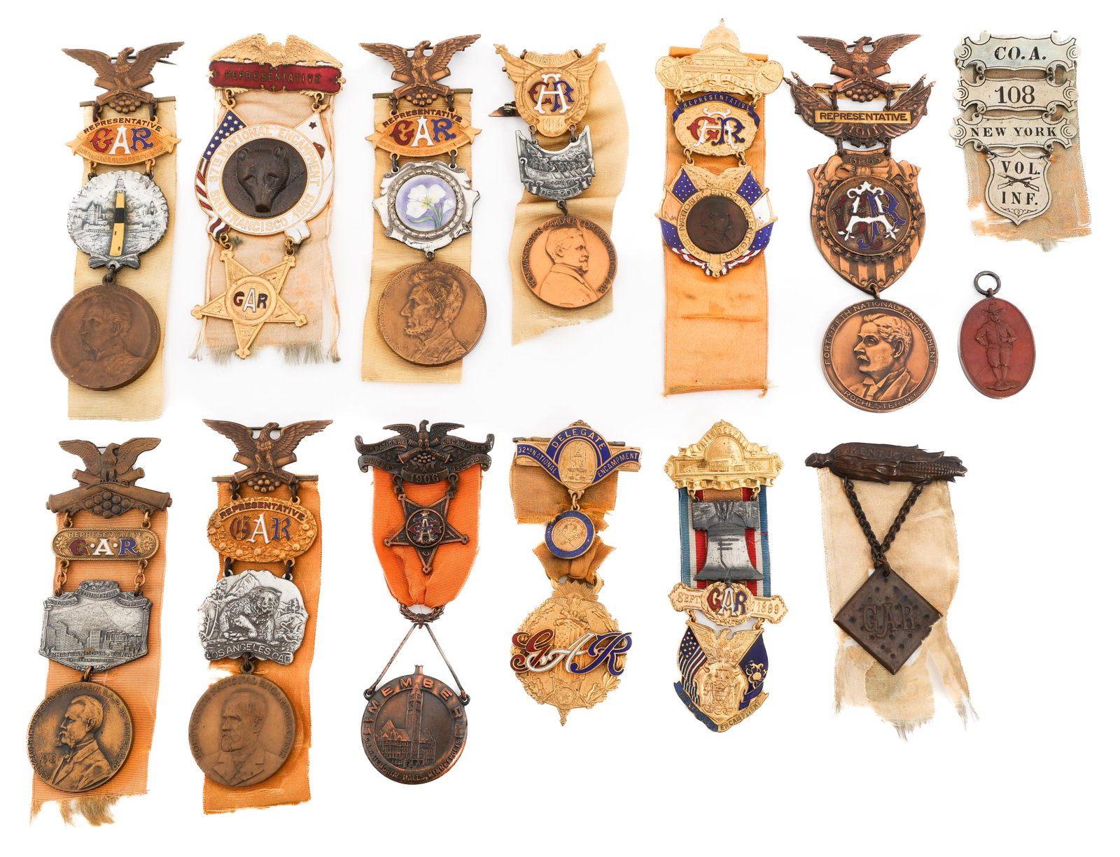 CIVIL WAR UNION VETERAN GAR ENCAMPMENT BADGES: CIVIL WAR UNION VETERAN GAR ENCAMPMENT BADGES Civil War Union Veteran Grand Army of the Republic Annual Encampment Badges. Attributed to Bernard Matthews, a Private in the 108th New York Volunteer Inf