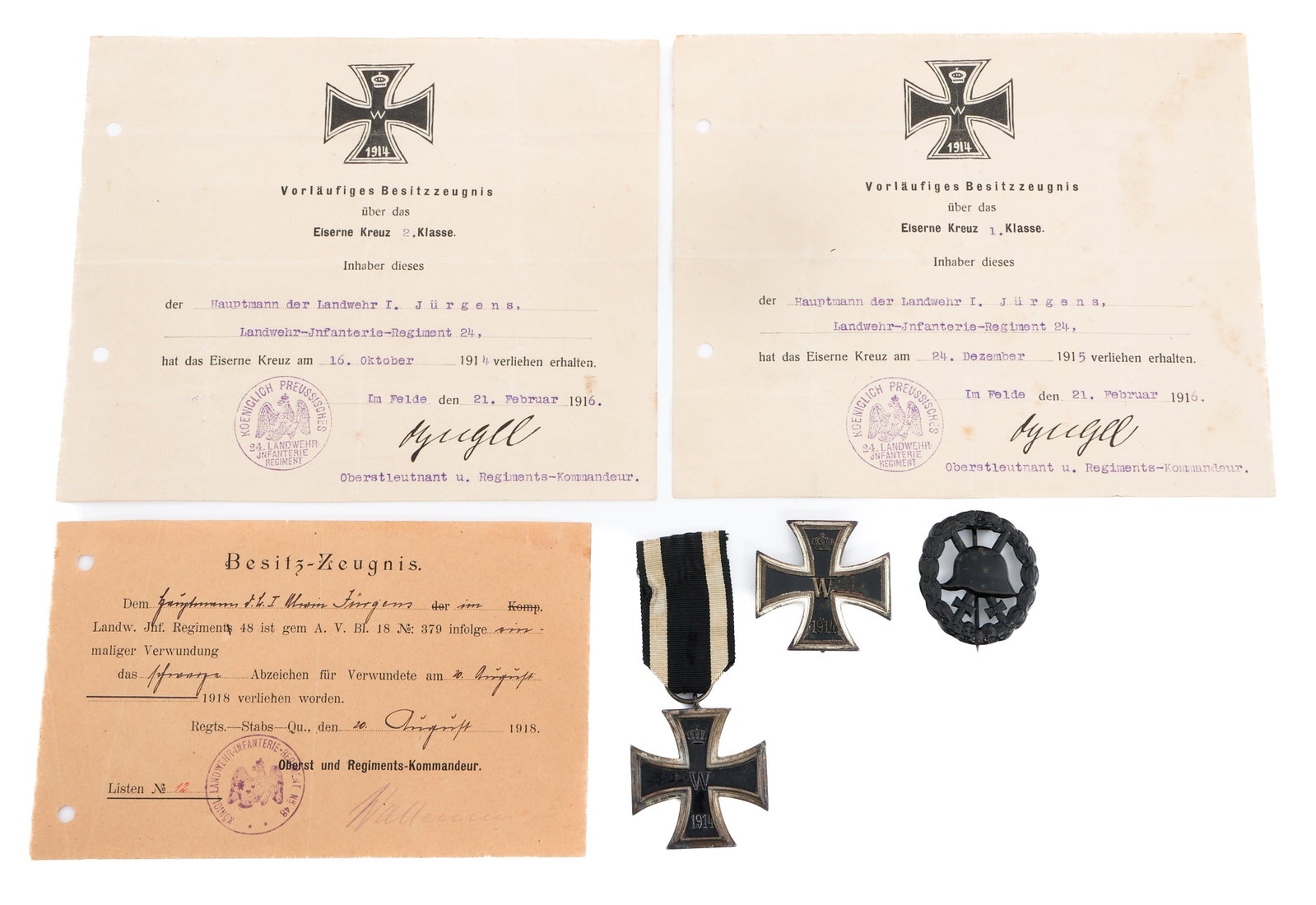 WWI GERMAN PRUSSIAN NAMED IRON CROSS GROUPING: WWI GERMAN PRUSSIAN NAMED IRON CROSS GROUPING WWI Imperial German Prussian Iron Cross and Certificate Grouping. Named to Captain I. Jurgens of the 24th Prussian Infantry Regiment. (1) Iron Cross 1st C