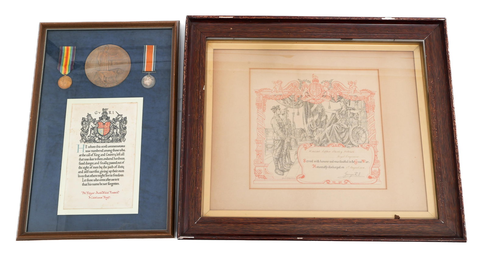 WWI BRITISH KIA NAMED MEDAL & CERTIFICATE DISPLAYS: WWI BRITISH KIA NAMED MEDAL & CERTIFICATE DISPLAYS WWI British KIA Framed Medal & Certificate Displays. (1) KIA Medal & Scroll Display. Named to Private Edgar Archibald Peacock of the Middlesex Regime